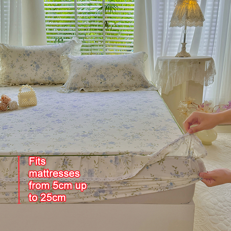 100% Cotton Floral Printed Ruf - Fitted Bed Sheets Deep Pocket ulasan dan harga