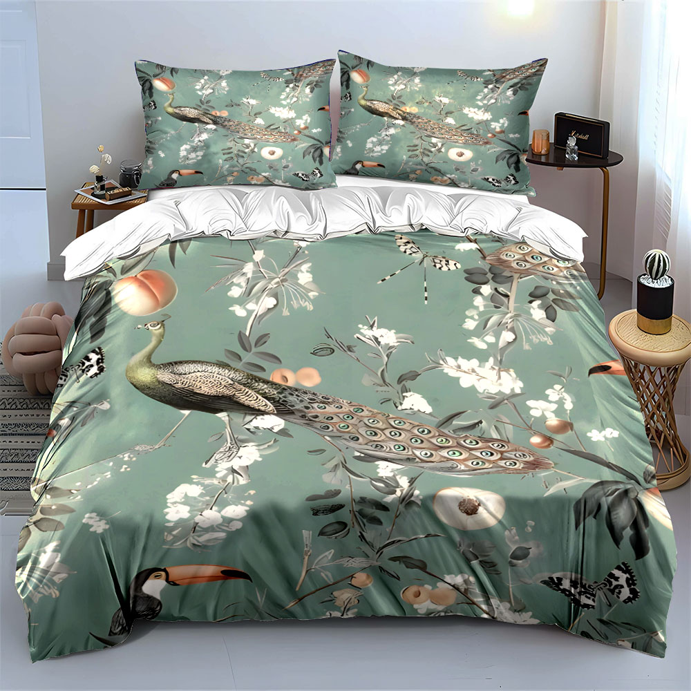 3PC Peacock Toucan Floral Bedd - Aesthetic Floral Duvet Cover ulasan dan harga