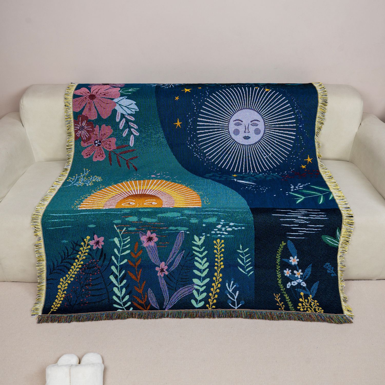 Celestial Sun Moon Woven Tapes - Boho Throw Blanket Fringe ulasan dan harga